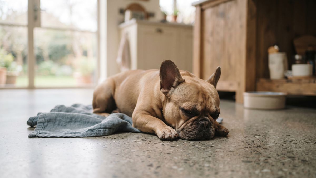 French Bulldog resting on a kitchen floor