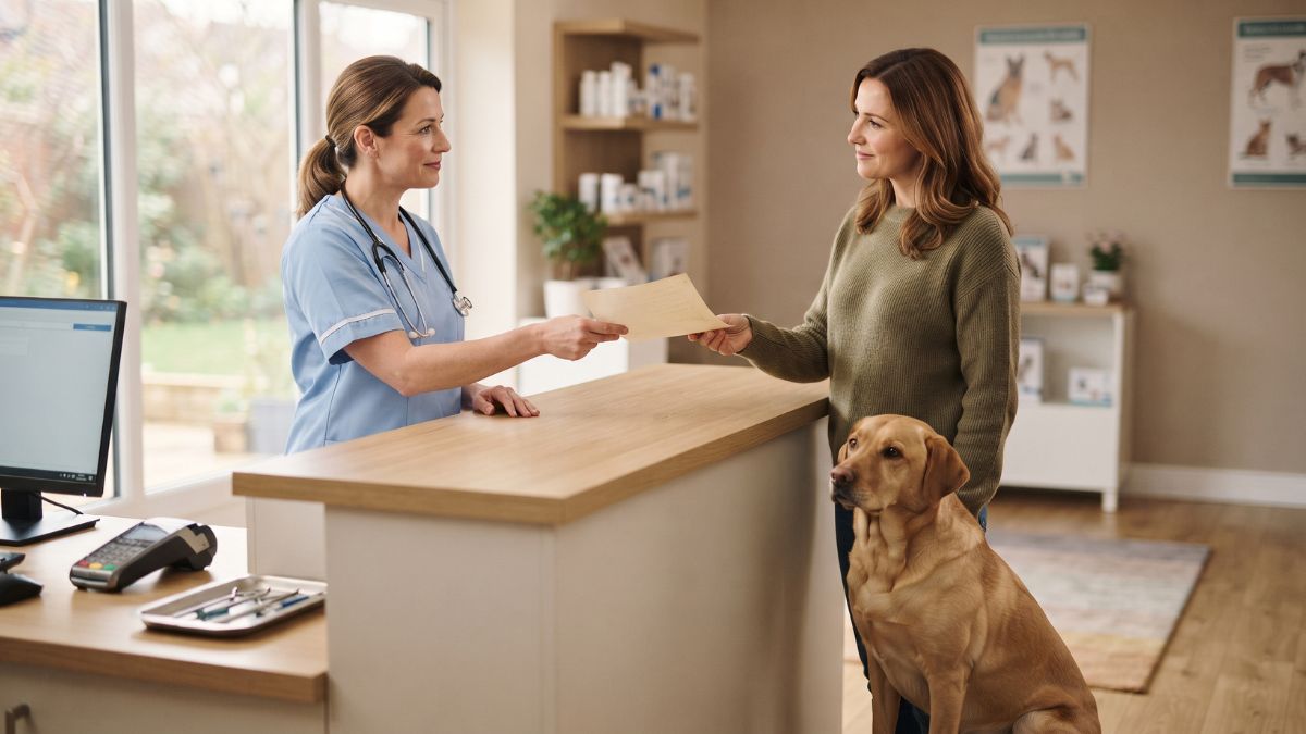 Vet handing a sheet of paper to a pet owner at the counter