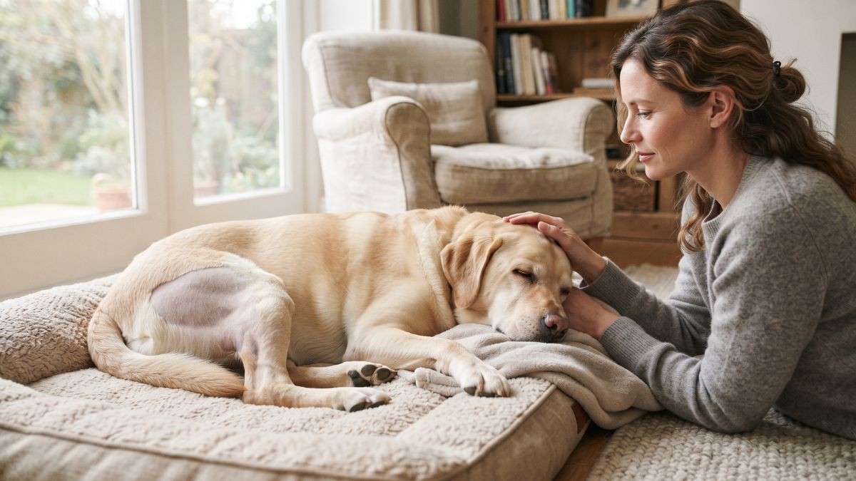 Labrador recovering on a dog bed after knee surgery