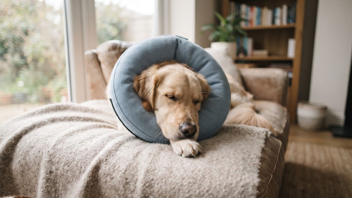 Young dog wearing a recovery cone resting on a blanket