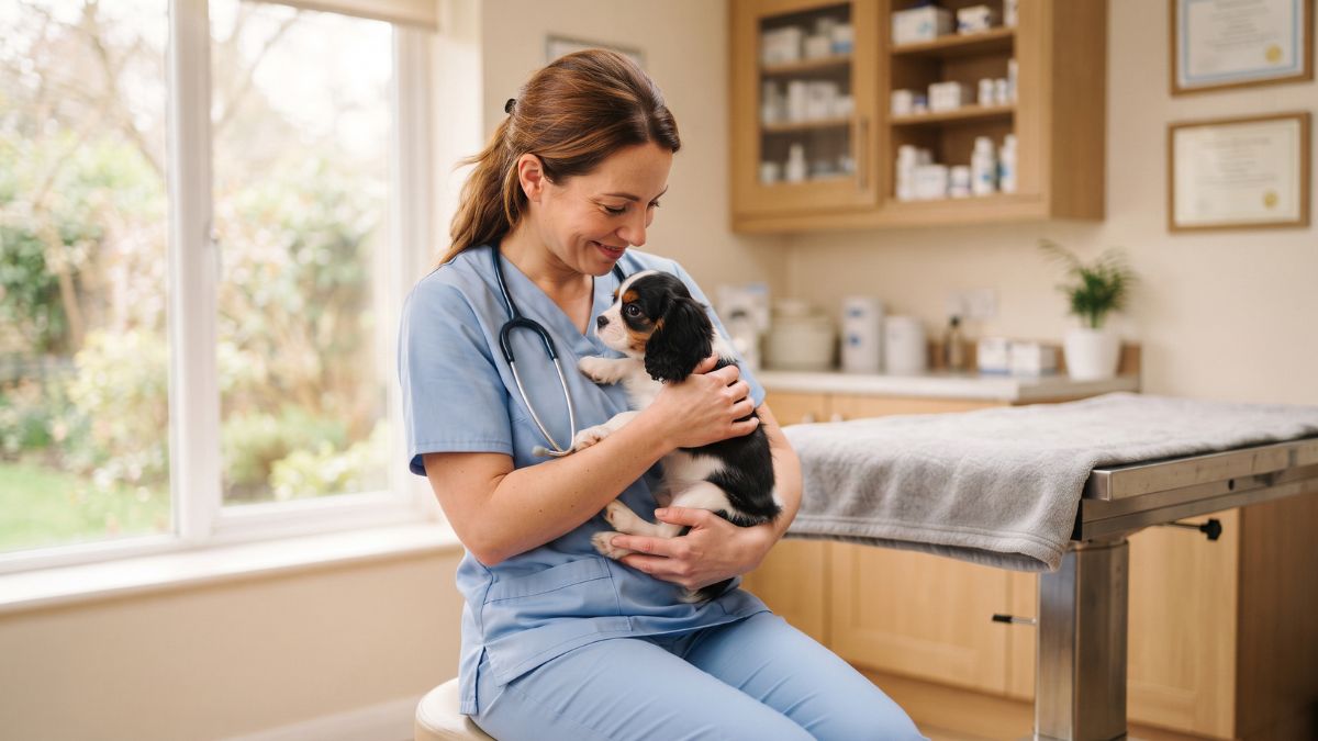 Vet nurse cuddling a puppy at a veterinary practice