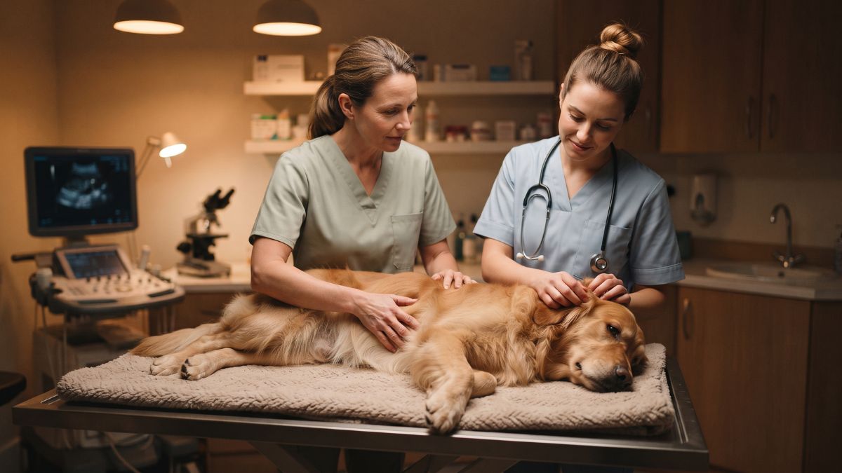Vet and nurse caring for a dog in a clinic at night
