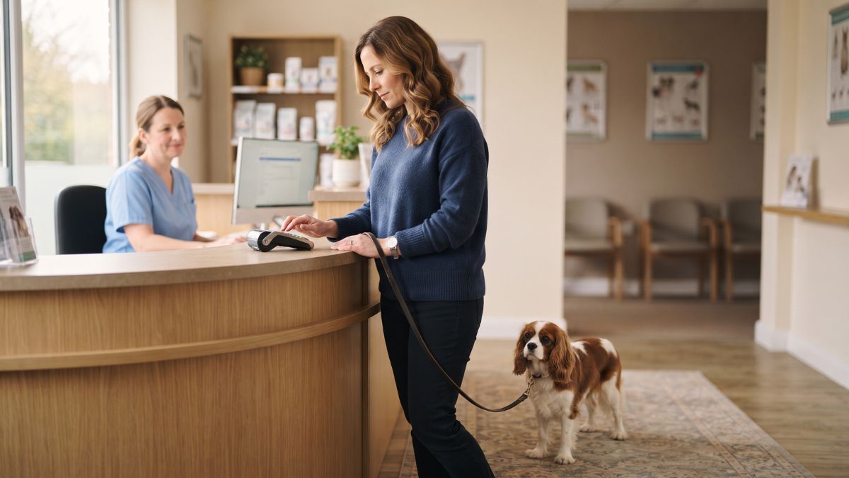 Pet owner paying at a vet reception desk with a small dog on a lead