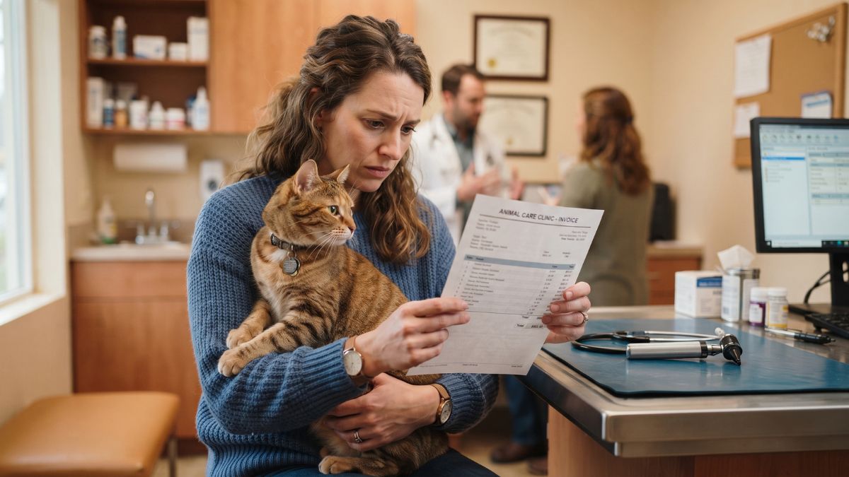 Woman holding a tabby cat at home next to a letter on the table