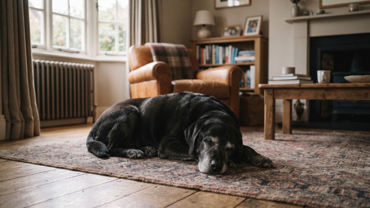 Senior black Labrador resting on a rug in a living room