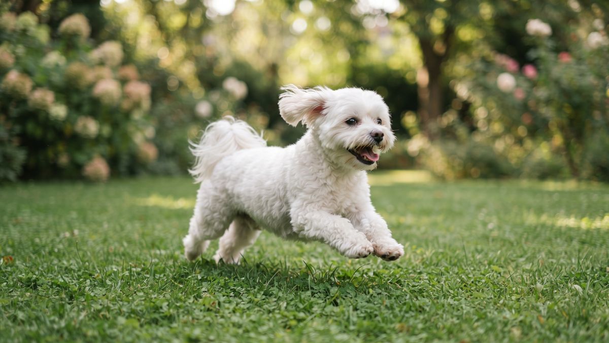 Small white dog running on grass