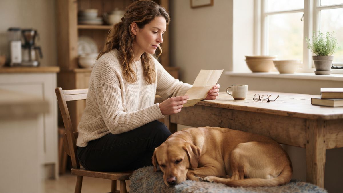 Pet owner reading a letter at a kitchen table with a dog at their feet