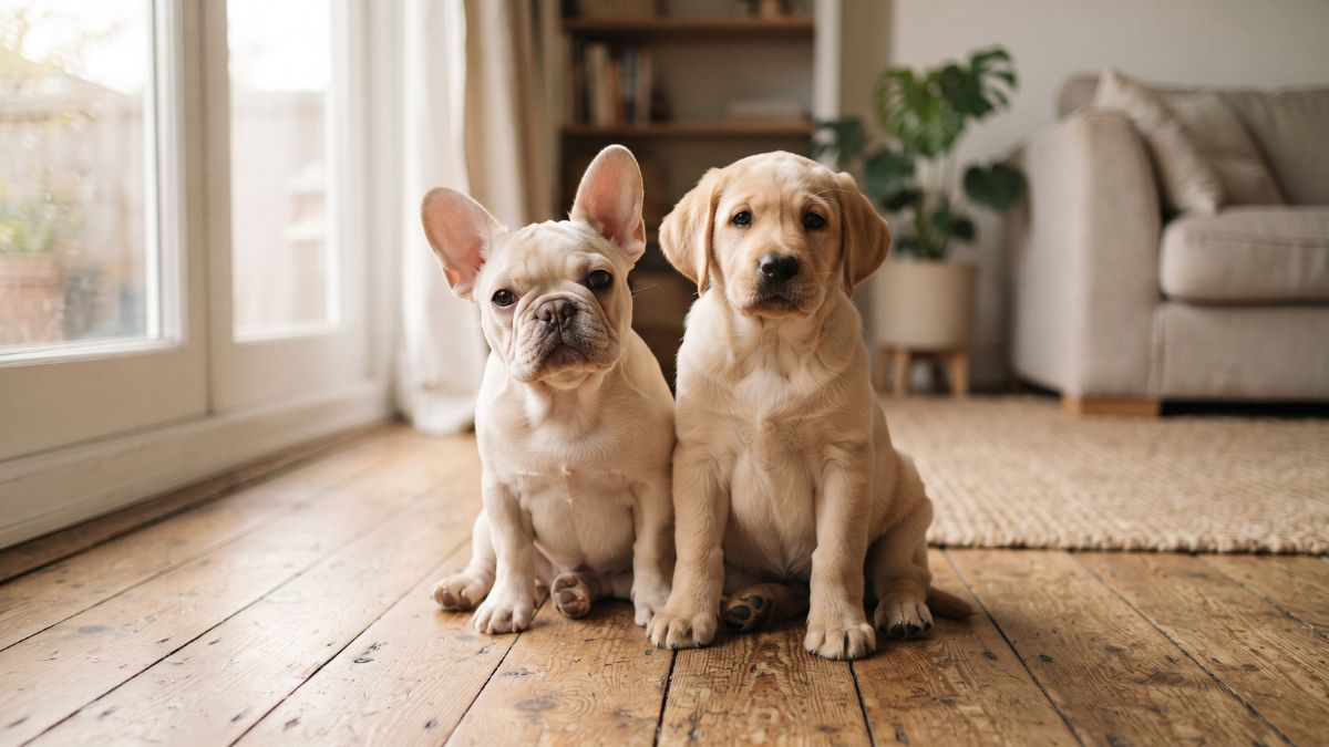 French Bulldog puppy and Labrador puppy sitting side by side