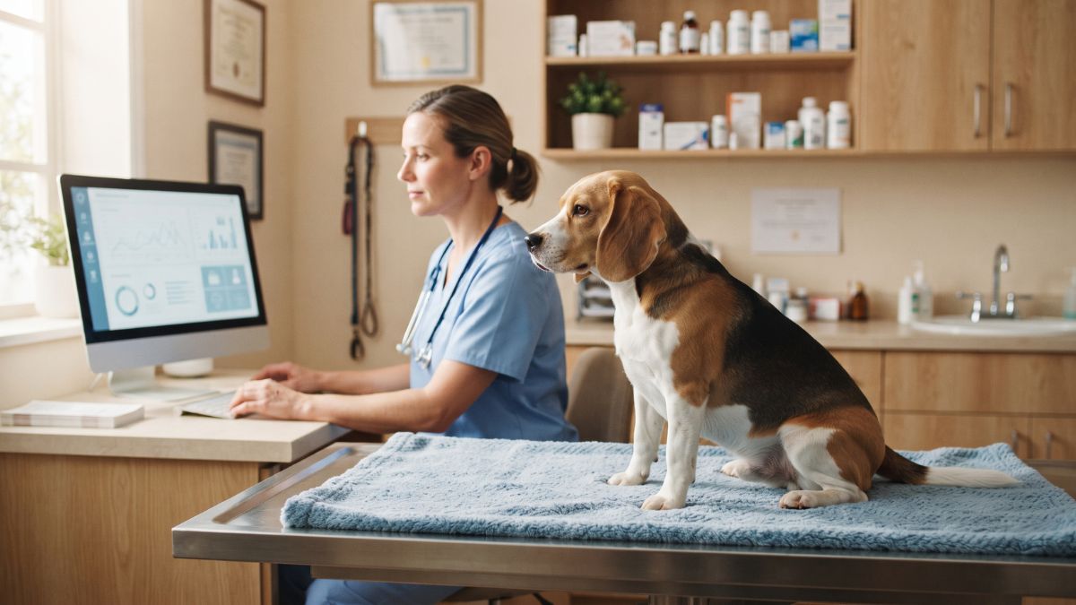 Vet looking at a computer while a beagle sits on the examination table
