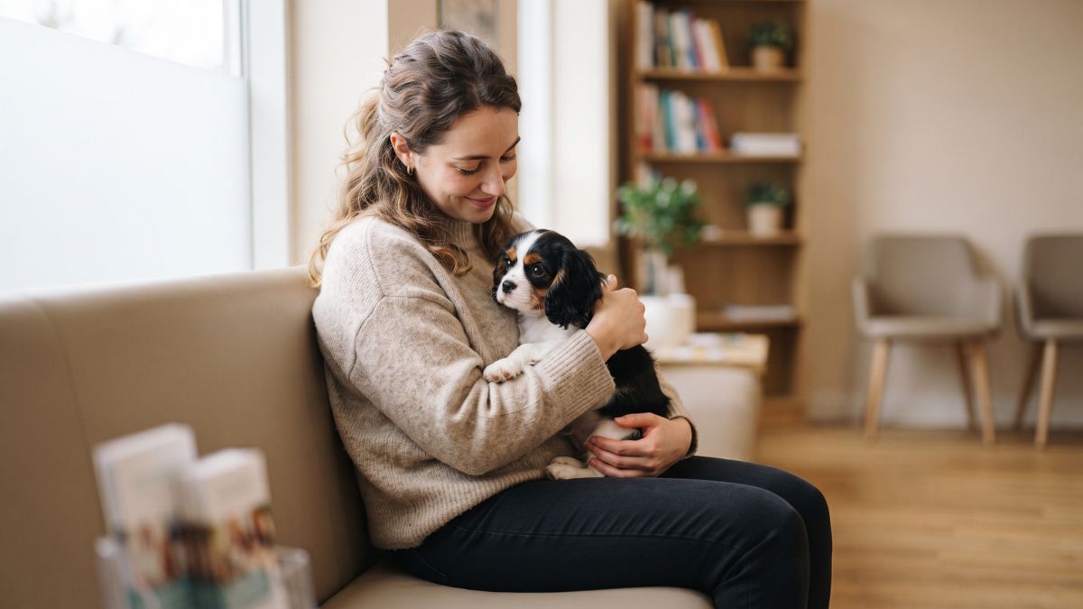 New owner holding a puppy in a vet waiting room