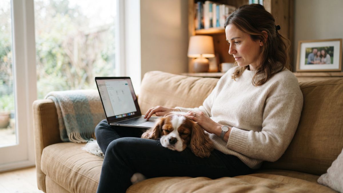 Woman using a laptop on a sofa with her dog resting on her lap