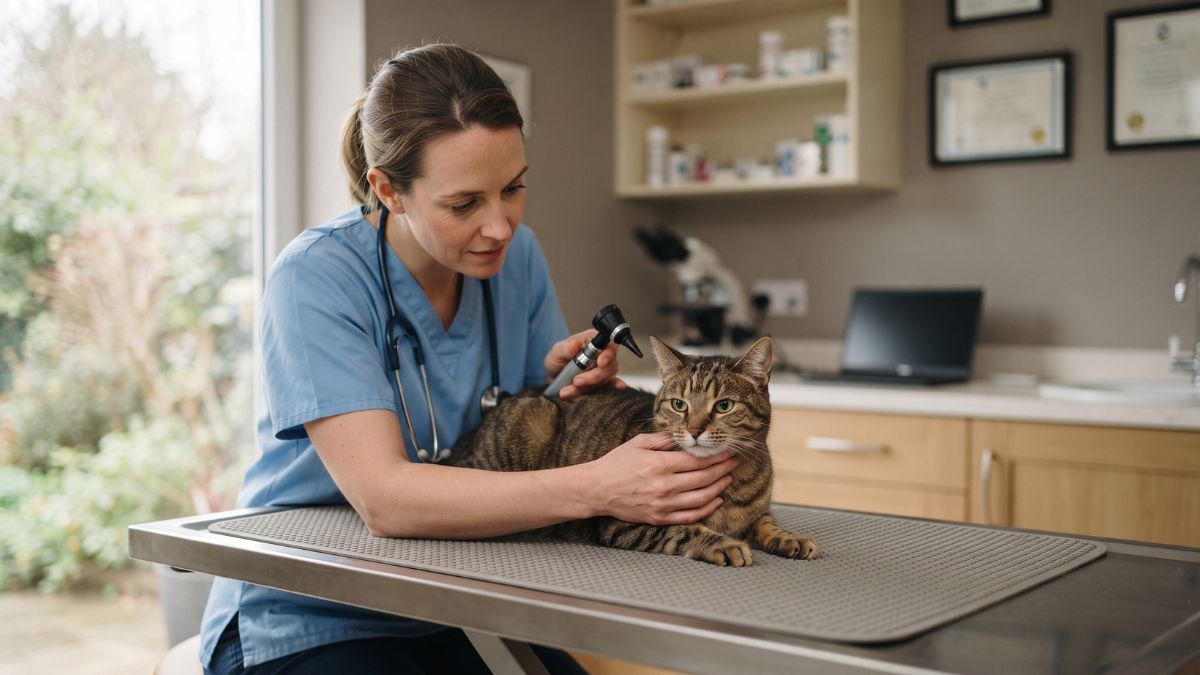 Vet examining a cat on a consultation table