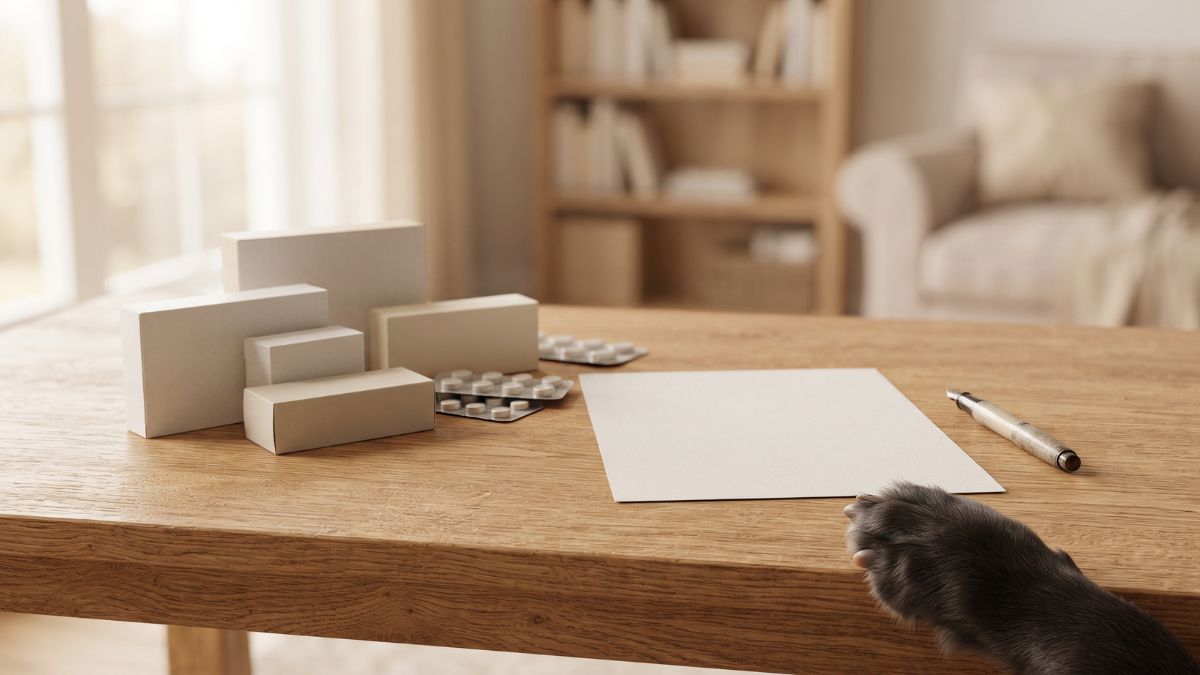 Unbranded pet medicine boxes on a table next to a dog's paw