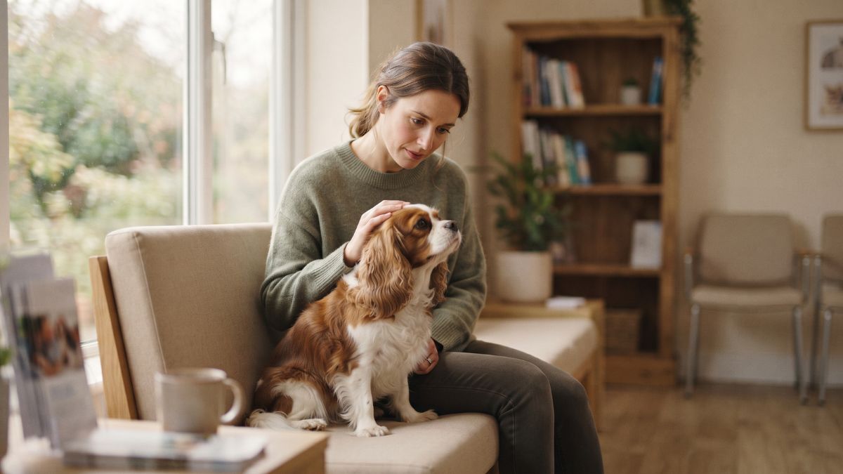 Worried owner stroking a dog in a vet waiting room