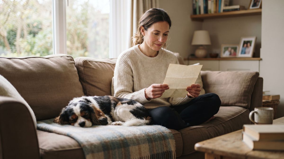 Dog asleep on a sofa beside its owner reading a letter